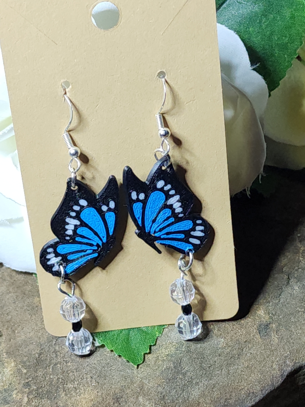 Hand Crafted Blue Butterfly Dangle Earrings with Acrylic Beads